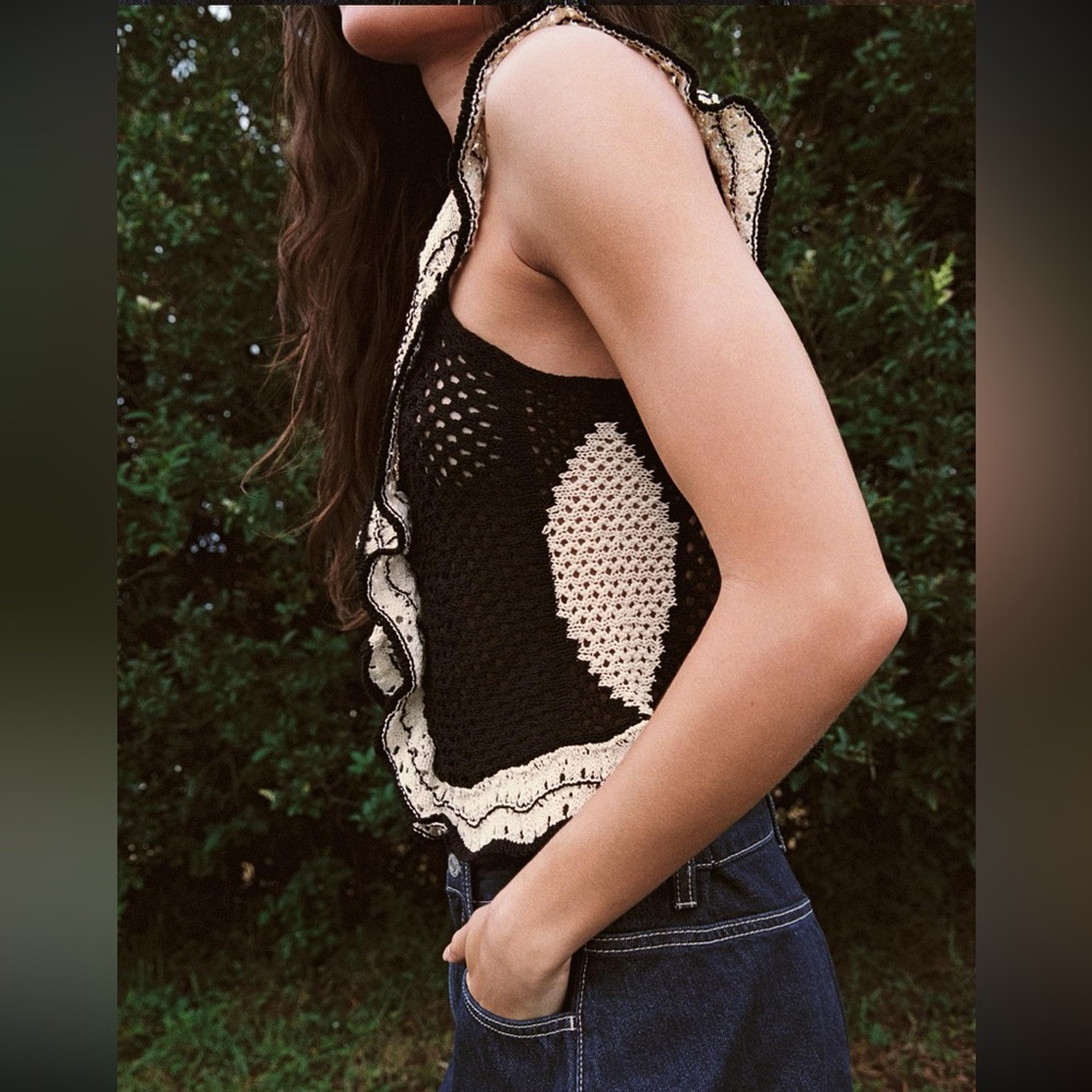 NWT Zara Pointelle Ruffled Knit Top - Picture 3 of 11